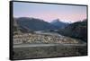 View over town of El Chalten and Rio de las Vueltas and Rio Fitz Roy, El Chalten, Patagonia, Argent-Stuart Black-Framed Stretched Canvas