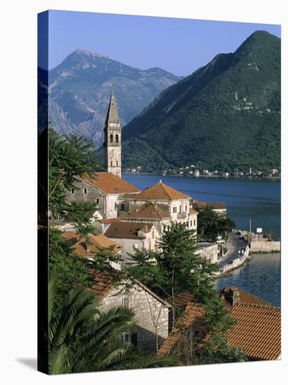 View over Village with the Church of St. Nikola Belfry, Perast, the Boka Kotorska (Bay of Kotor), U-Stuart Black-Stretched Canvas