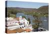 View over whitewashed village of Alcoutim on Rio Guadiana river, Alcoutim, Algarve, Portugal, Europ-Stuart Black-Stretched Canvas