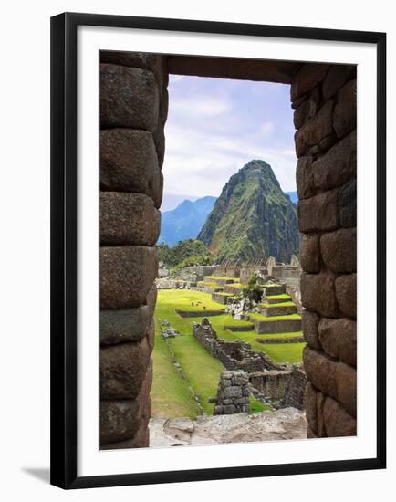 View Through Window of Ancient Lost City of Inca, Machu Picchu, Peru, South America with Llamas-Miva Stock-Framed Premium Photographic Print