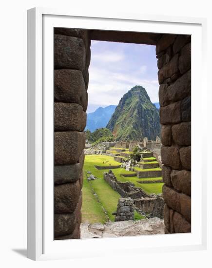 View Through Window of Ancient Lost City of Inca, Machu Picchu, Peru, South America with Llamas-Miva Stock-Framed Premium Photographic Print