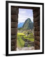 View Through Window of Ancient Lost City of Inca, Machu Picchu, Peru, South America with Llamas-Miva Stock-Framed Photographic Print