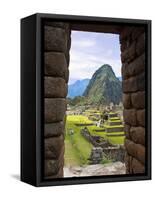 View Through Window of Ancient Lost City of Inca, Machu Picchu, Peru, South America with Llamas-Miva Stock-Framed Stretched Canvas