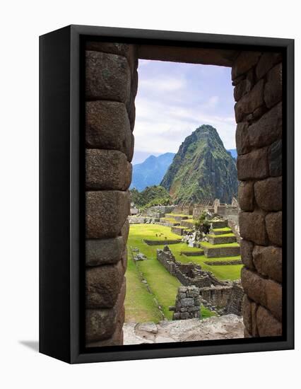 View Through Window of Ancient Lost City of Inca, Machu Picchu, Peru, South America with Llamas-Miva Stock-Framed Stretched Canvas