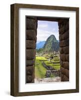 View Through Window of Ancient Lost City of Inca, Machu Picchu, Peru, South America with Llamas-Miva Stock-Framed Photographic Print