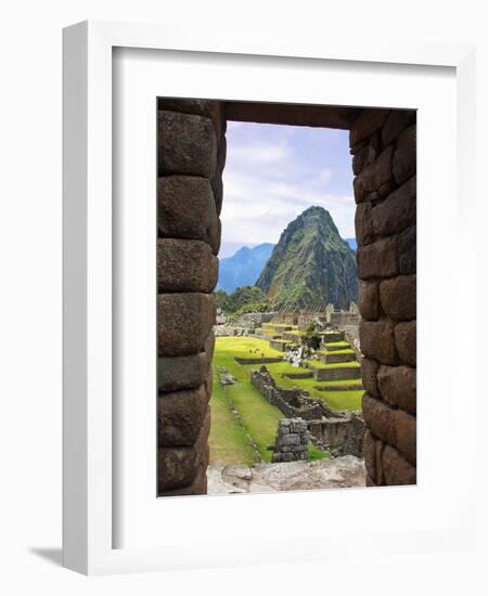 View Through Window of Ancient Lost City of Inca, Machu Picchu, Peru, South America with Llamas-Miva Stock-Framed Photographic Print