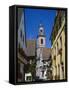 View to Church Tower and Timbered Houses, Riquewihr, Haute-Rhin, Alsace, France-Ruth Tomlinson-Framed Stretched Canvas
