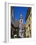 View to Church Tower and Timbered Houses, Riquewihr, Haute-Rhin, Alsace, France-Ruth Tomlinson-Framed Photographic Print