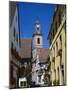 View to Church Tower and Timbered Houses, Riquewihr, Haute-Rhin, Alsace, France-Ruth Tomlinson-Mounted Photographic Print