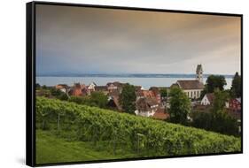 view to Meersburg with town church on the Lake of Constance, Baden-Wurttemberg, Germany-Michael Weber-Framed Stretched Canvas