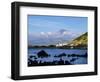 View towards Porto Pim Whaling Station and Pico Mounain, Faial Island, Azores, Portugal, Atlantic,-Karol Kozlowski-Framed Photographic Print