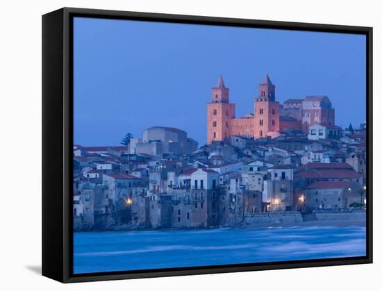 View with Duomo from Beach, Cefalu, Sicily, Italy-Walter Bibikow-Framed Stretched Canvas