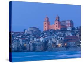 View with Duomo from Beach, Cefalu, Sicily, Italy-Walter Bibikow-Stretched Canvas