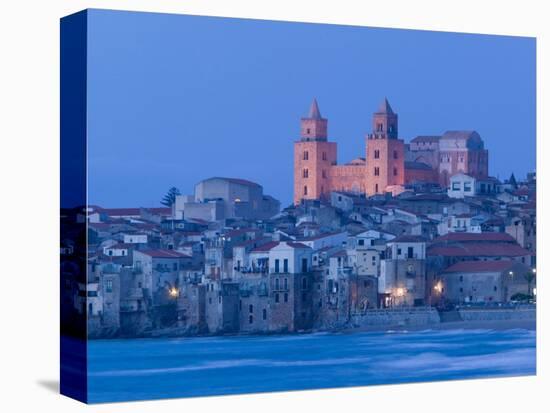 View with Duomo from Beach, Cefalu, Sicily, Italy-Walter Bibikow-Stretched Canvas