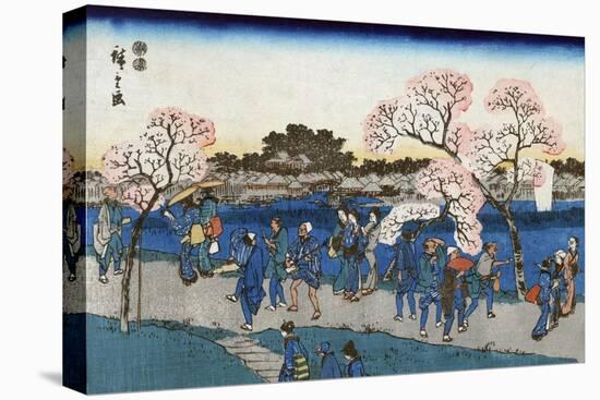 Viewing Cherry Blossoms along the Sumida River, Japanese Wood-Cut Print-Lantern Press-Stretched Canvas