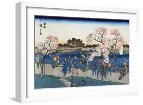 Viewing Cherry Blossoms along the Sumida River, Japanese Wood-Cut Print-Lantern Press-Framed Art Print