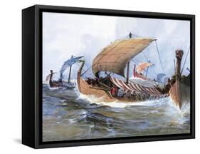 Viking Boat in Transit Towards Normandy, Watercolor, 19th Century-null-Framed Stretched Canvas