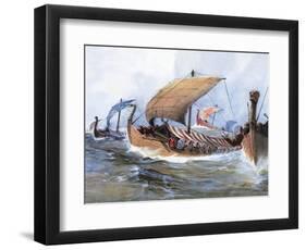 Viking Boat in Transit Towards Normandy, Watercolor, 19th Century-null-Framed Premium Giclee Print