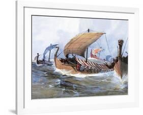 Viking Boat in Transit Towards Normandy, Watercolor, 19th Century-null-Framed Giclee Print