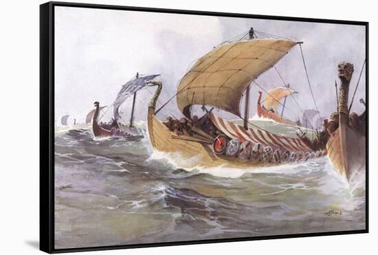 Viking Raiding Fleet Racing Across the North Sea-Albert Sebille-Framed Stretched Canvas