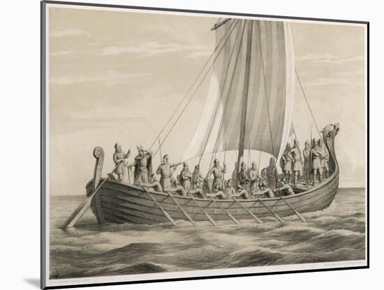 Vikingesnekke, Norwegian Warriors in a Half-Decked Warship-Anker Lund-Mounted Art Print