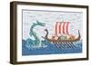 Vikings Battle with the Sea Dragon, Illustration in Pixel Art Style-wild wind-Framed Art Print