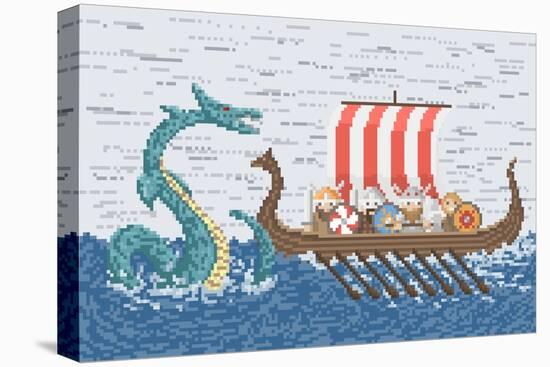 Vikings Battle with the Sea Dragon, Illustration in Pixel Art Style-wild wind-Stretched Canvas