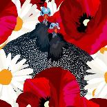 Abstract Illustration of Two Rooster and Hen (Chicken) in Background Black White Polka Dots, Cock S-Viktoriya Panasenko-Art Print