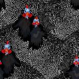 Abstract Illustration of Two Rooster and Hen (Chicken) in Background Black White Polka Dots, Cock S-Viktoriya Panasenko-Art Print