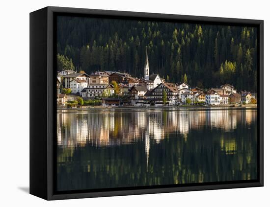Village Alleghe at Lago di Alleghe at the foot of mount Civetta, Dolomites, Veneto, Italy-Martin Zwick-Framed Stretched Canvas