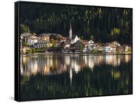 Village Alleghe at Lago di Alleghe at the foot of mount Civetta, Dolomites, Veneto, Italy-Martin Zwick-Framed Stretched Canvas