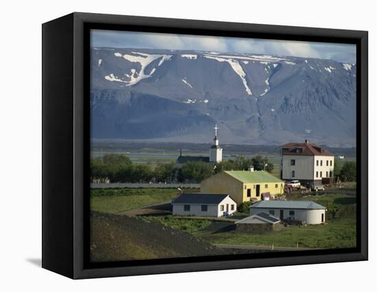 Village and Church South of Lake Myvatn with Hills in the Background, at Skutustadir, Iceland-Waltham Tony-Framed Stretched Canvas