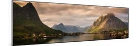 Village and fjord among mountains, Reine, Moskenesoya, Lofoten, Nordland County, Norway-null-Mounted Photographic Print