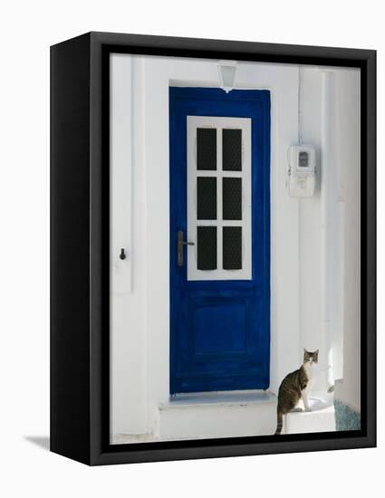 Village Door with Cat, Kokkari, Samos, Aegean Islands, Greece-Walter Bibikow-Framed Stretched Canvas