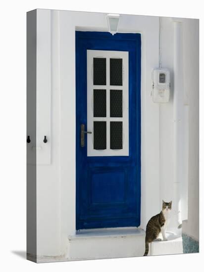 Village Door with Cat, Kokkari, Samos, Aegean Islands, Greece-Walter Bibikow-Stretched Canvas