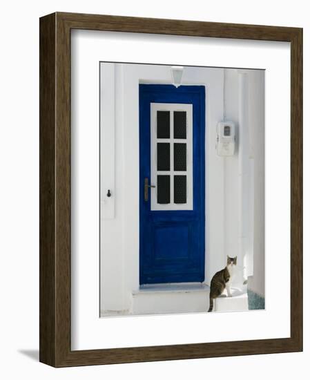 Village Door with Cat, Kokkari, Samos, Aegean Islands, Greece-Walter Bibikow-Framed Photographic Print