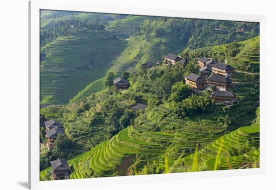 Village House and Rice Terraces in the Mountain, Longsheng, China-Keren Su-Framed Photographic Print
