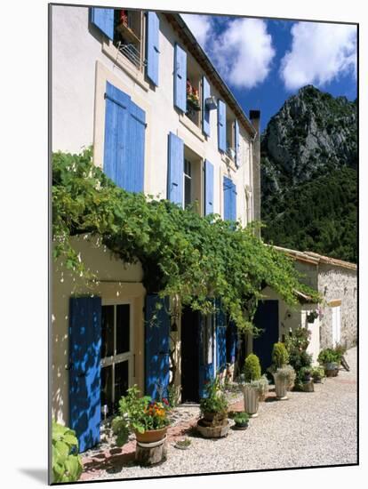 Village House with Blue Shutters, Lapradelle-Puilaurens, Aude, Languedoc-Roussillon, France-Ruth Tomlinson-Mounted Photographic Print