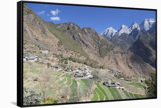 Village in Tiger Leaping Gorge and Jade Dragon Snow Mountain (Yulong Xueshan), Yunnan, China-Ian Trower-Framed Stretched Canvas