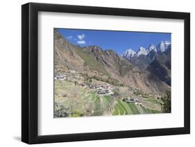 Village in Tiger Leaping Gorge and Jade Dragon Snow Mountain (Yulong Xueshan), Yunnan, China-Ian Trower-Framed Photographic Print