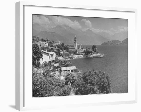 Village of Cremia on Lake Como Agianst Background of the Italian Alps-null-Framed Photographic Print