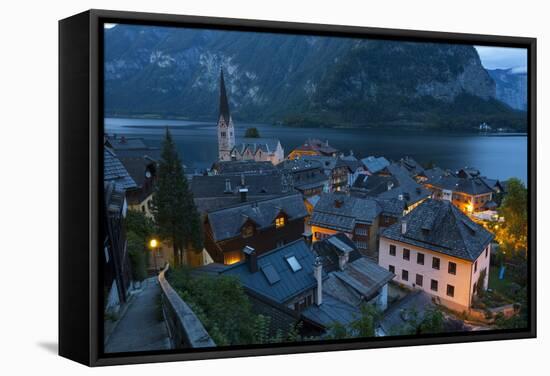 Village of Hallstatt Illuminated at Dusk, Hallstattersee, Oberosterreich (Upper Austria)-Doug Pearson-Framed Stretched Canvas