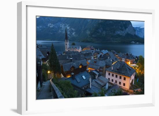 Village of Hallstatt Illuminated at Dusk, Hallstattersee, Oberosterreich (Upper Austria)-Doug Pearson-Framed Photographic Print