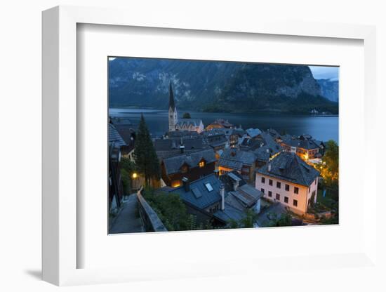 Village of Hallstatt Illuminated at Dusk, Hallstattersee, Oberosterreich (Upper Austria)-Doug Pearson-Framed Photographic Print