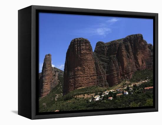 Village of Riglos Below Huge Conglomerate Towers Above the Plains, Northern Aragon, Spain-David Pickford-Framed Stretched Canvas