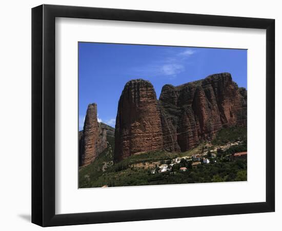 Village of Riglos Below Huge Conglomerate Towers Above the Plains, Northern Aragon, Spain-David Pickford-Framed Photographic Print