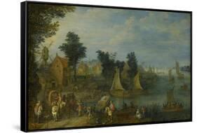 Village on the Bank of a River-Joseph van Bredael-Framed Stretched Canvas