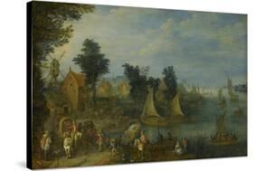 Village on the Bank of a River-Joseph van Bredael-Stretched Canvas