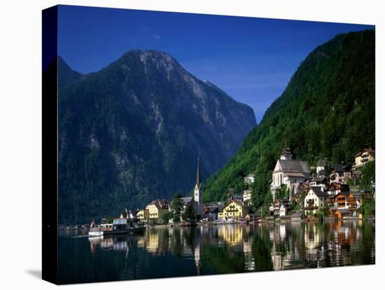 Village with Mountains and Lake, Hallstatt, Salzkammergut, Austria-Steve Vidler-Stretched Canvas