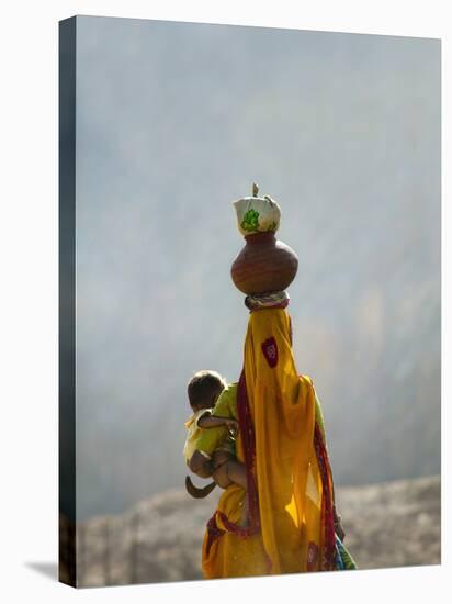 Village Woman Carrying Baby and Load on the Head, Udaipur, Rajasthan, India-Keren Su-Stretched Canvas